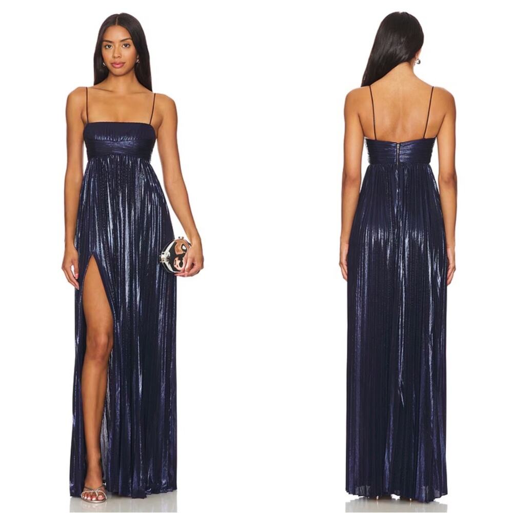 RETROFETE Zinnia Ruched Pleated Metallic Lame Ink Blue Maxi Dress Size Small